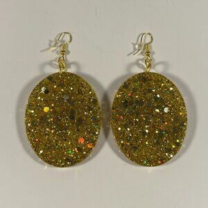 Gold Resin Chunky Glitter Dangle Earrings Oval Shape NWT